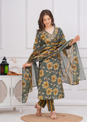 Bottle Green Floral Cotton 3Pc Embroidered Kurta, Pant & Dupatta Set