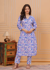 Floral Printed Cotton Embroidered 3Pc Kurta, Pant & Dupatta Set