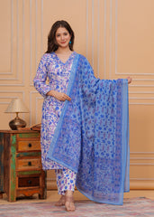 Floral Printed Cotton Embroidered 3Pc Kurta, Pant & Dupatta Set