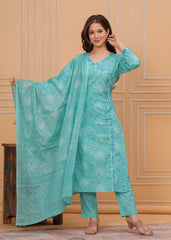 Pure Cotton Embroidered 3Pc Kurta, Pant, and Dupatta Set