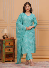 Pure Cotton Embroidered 3Pc Kurta, Pant, and Dupatta Set