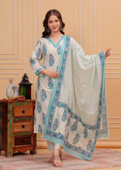 White Floral Cotton 3Pc Embroidered Kurta, Pant & Dupatta Set