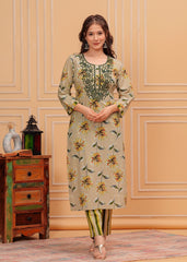 Beige Floral Printed Cotton Embroidered 3Pc Kurta, Pant & Dupatta Set