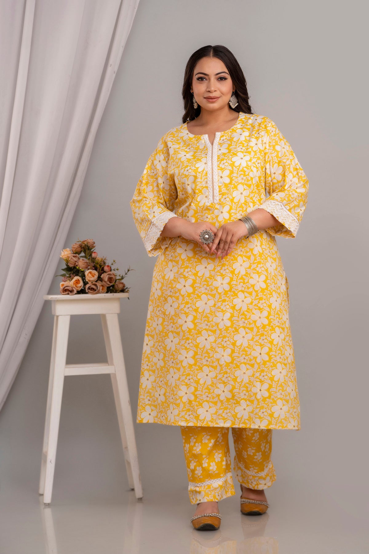 Cotton 3 Pc Kurta Set Embellished with Crochet Lace Detailing