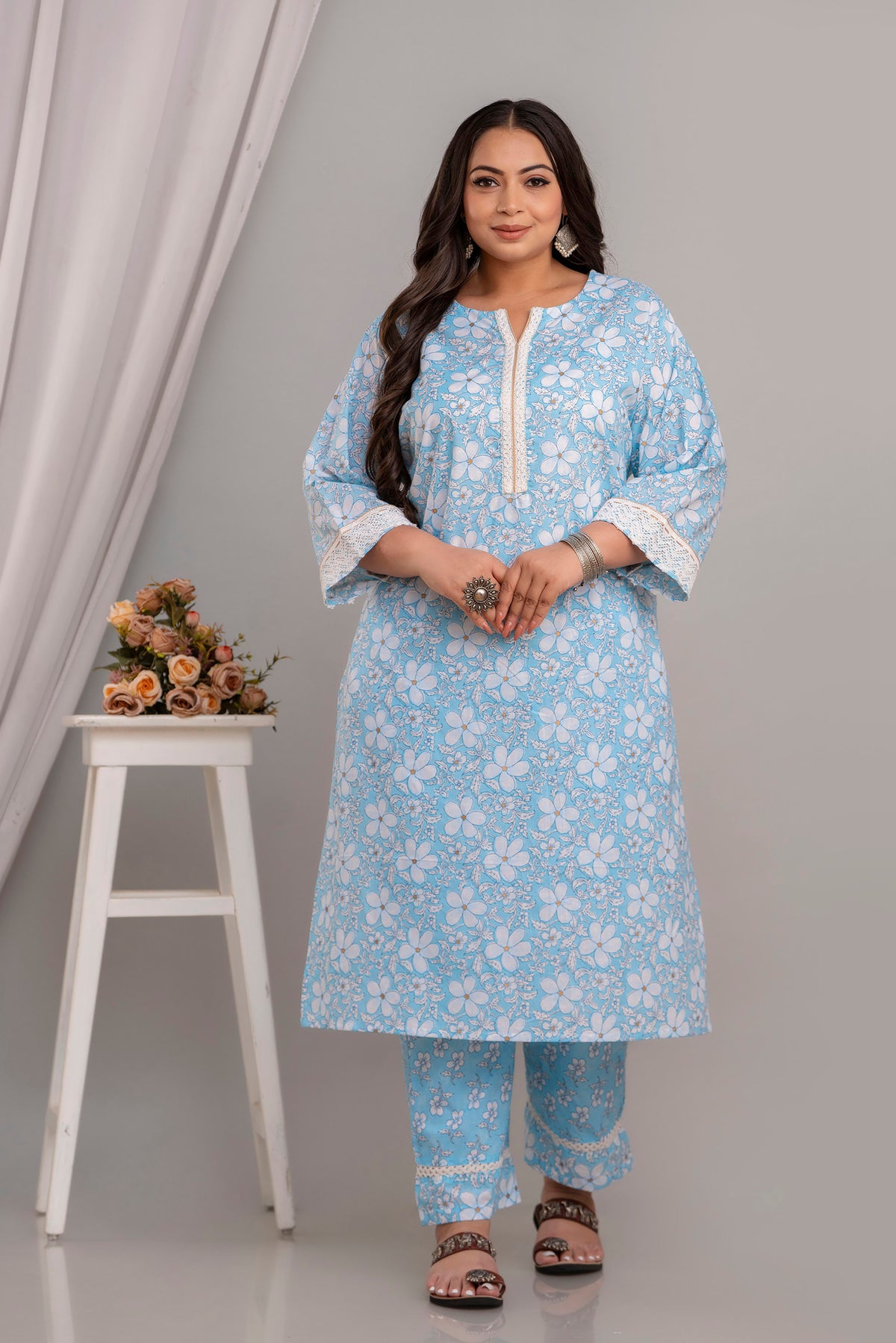 Cotton 3 Pc Kurta Set Embellished with Crochet Lace Detailing