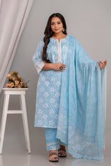 Cotton 3 Pc Kurta Set Embellished with Crochet Lace Detailing