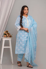 Cotton 3 Pc Kurta Set Embellished with Crochet Lace Detailing
