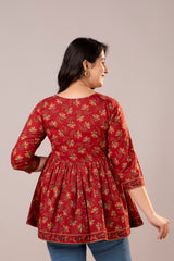 Floral Procion Printed Top with Tassel Neck