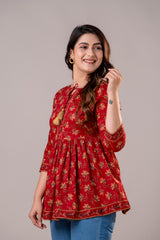 Floral Procion Printed Top with Tassel Neck