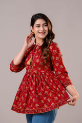 Floral Procion Printed Top with Tassel Neck