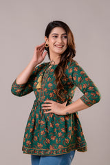 Floral Procion Printed Top with Tassel Neck