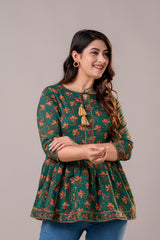 Floral Procion Printed Top with Tassel Neck
