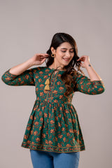 Floral Procion Printed Top with Tassel Neck