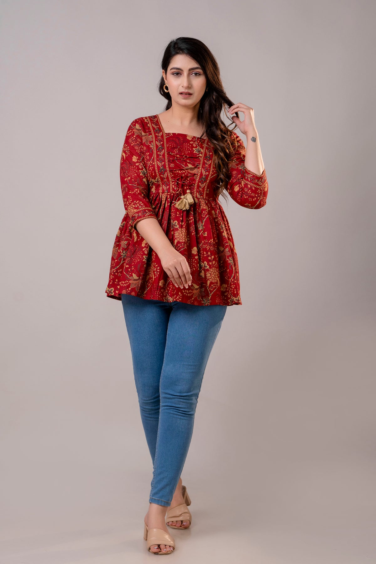 V-Neck Cotton Top with Procion Print & Tassels