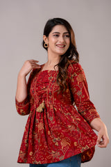 V-Neck Cotton Top with Procion Print & Tassels
