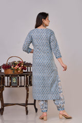Sky Blue Procion Printed Kurta Set with Zari Embroidery & Dupatta