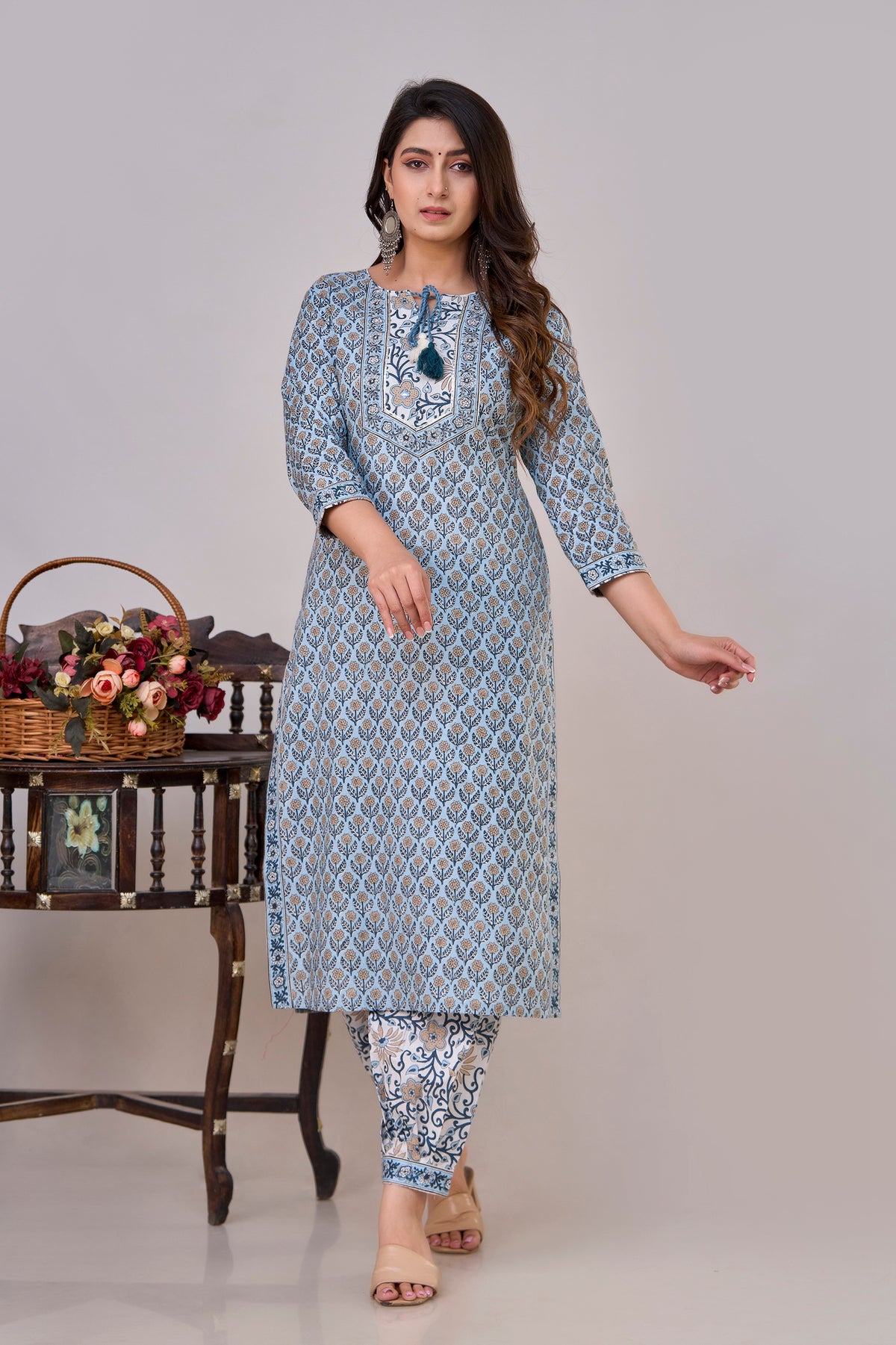 Sky Blue Procion Printed Kurta Set with Zari Embroidery & Dupatta