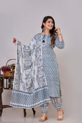 Sky Blue Procion Printed Kurta Set with Zari Embroidery & Dupatta