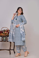 Sky Blue Procion Printed Kurta Set with Zari Embroidery & Dupatta