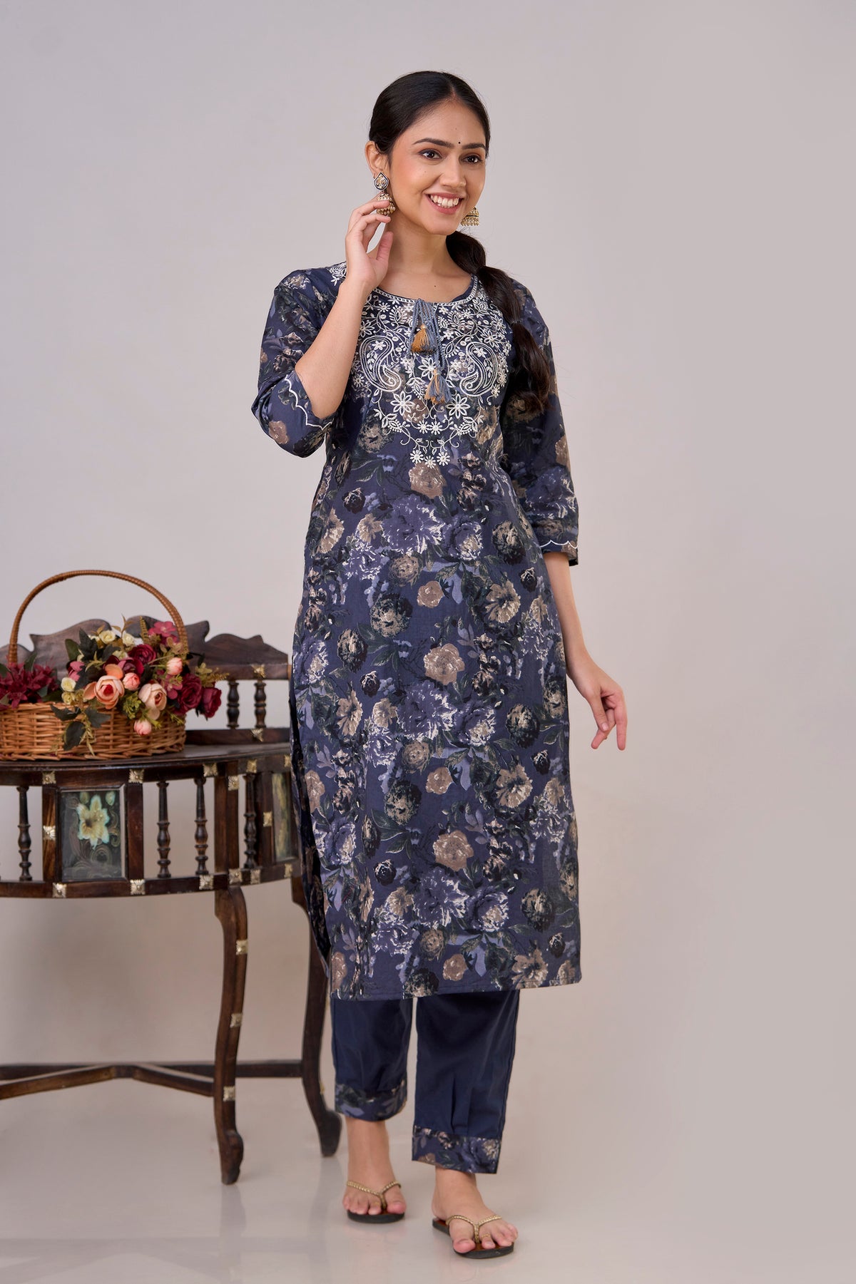 Embroidered Kurta Set with Stylish Pleated Pants