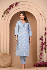 Powder Blue Pure Cotton Embroidered 3Pc Kurta, Pant, Dupatta Set