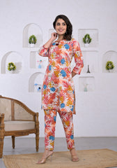 Pink Cotton Printed Co-ord Set with Kantha Work