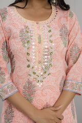 Peach Floral 3Pc Cotton Kurta Set with Embroidery & Mirror Work
