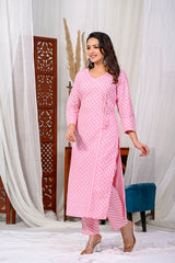 Baby Pink Pure Cotton Embroidered 3Pc Kurta, Pant, Dupatta Set