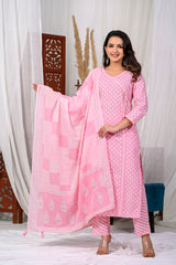 Baby Pink Pure Cotton Embroidered 3Pc Kurta, Pant, Dupatta Set